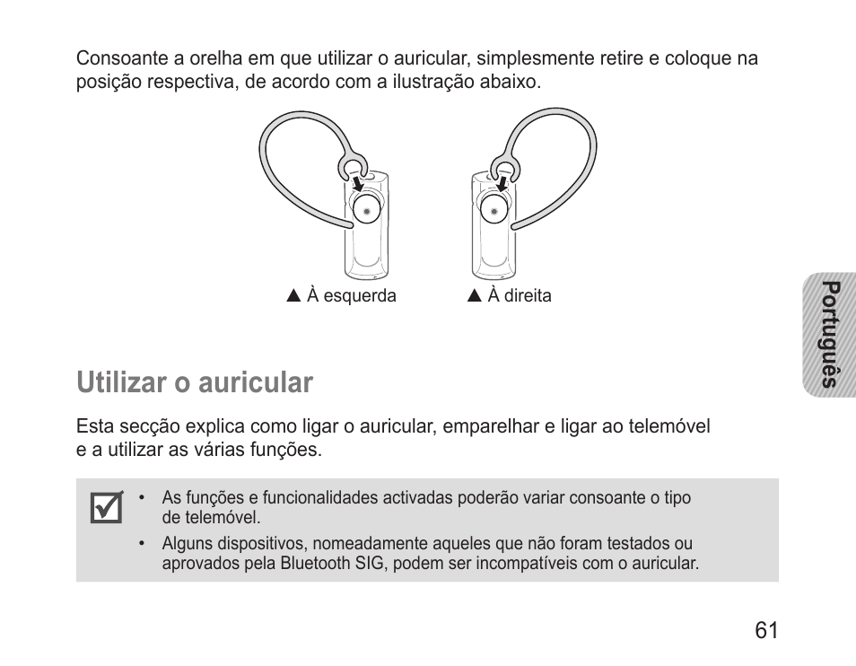 Utilizar o auricular, Utilizar.o.auricular | Samsung BHM1600 User Manual | Page 63 / 80