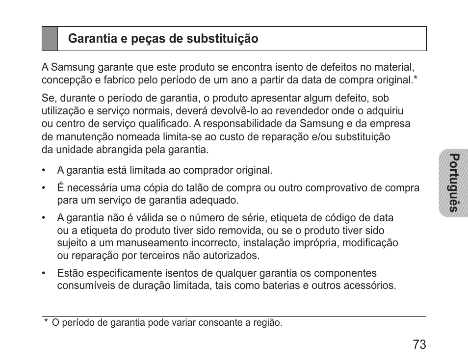 Garantia e peças de substituição | Samsung BHM1600 User Manual | Page 75 / 80