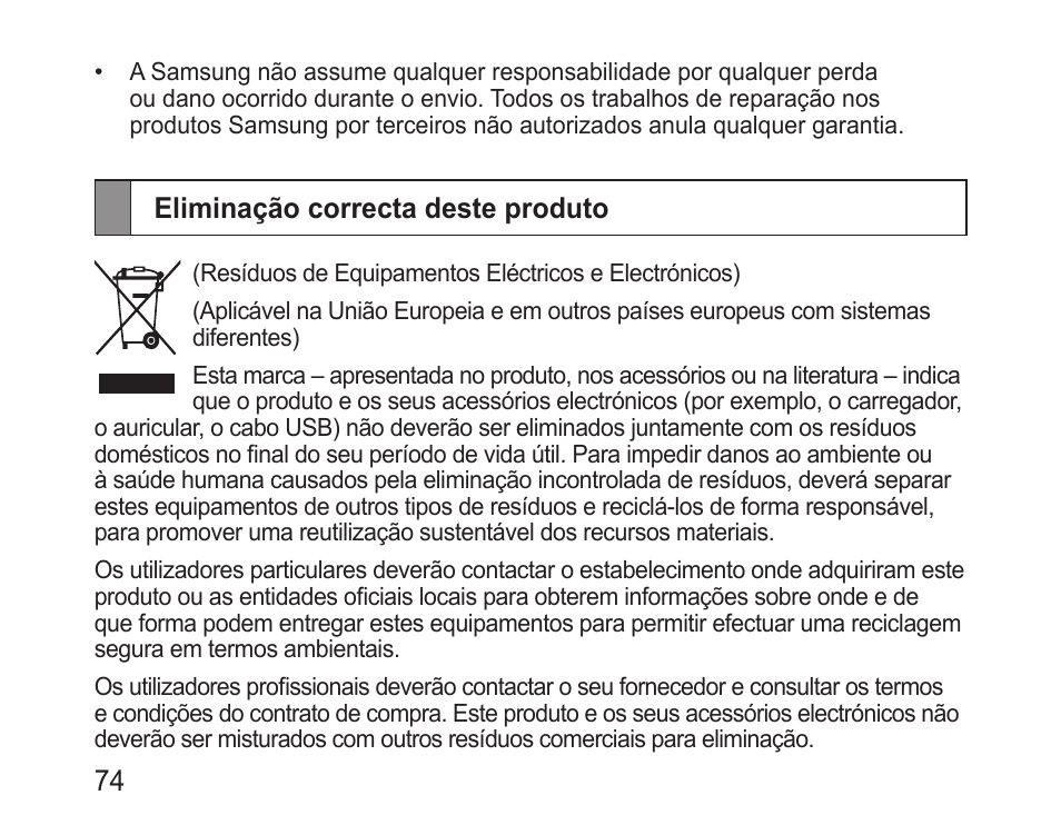 Eliminação correcta deste produto | Samsung BHM1600 User Manual | Page 76 / 80