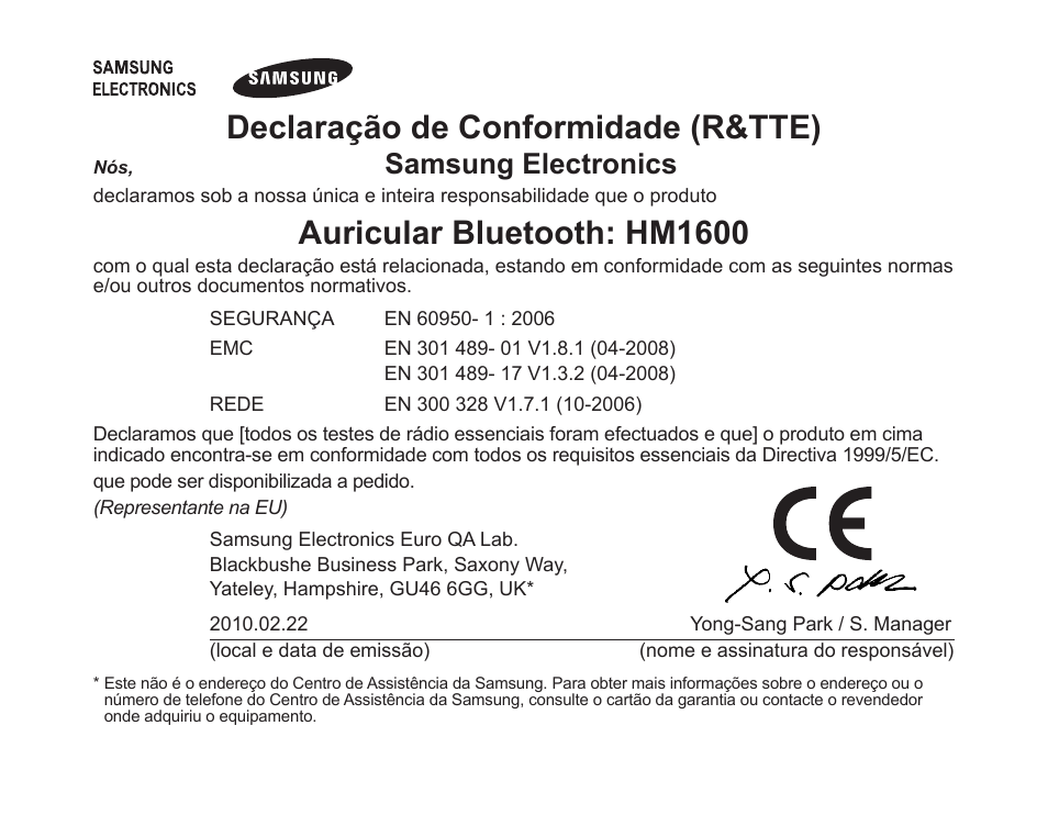 Declaração.de.conformidade.(r&tte), Auricular.bluetooth:.hm1600, Samsung.electronics | Samsung BHM1600 User Manual | Page 79 / 80