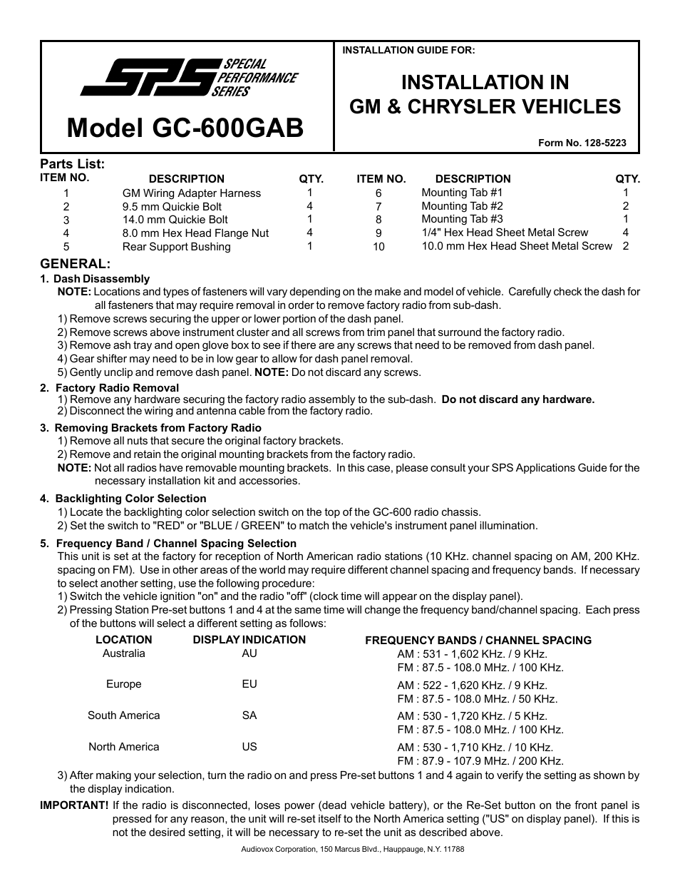 Audiovox GC-600GAB User Manual | 2 pages