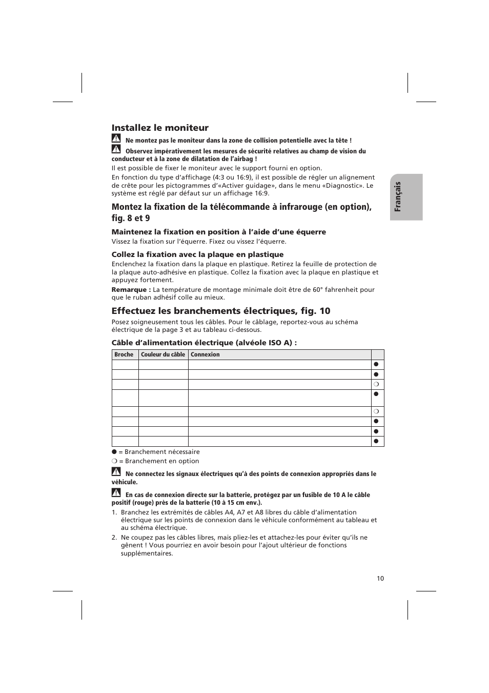 Installez le moniteur, Effectuez les branchements électriques, fig. 10 | Audiovox NPD 5400 User Manual | Page 13 / 22