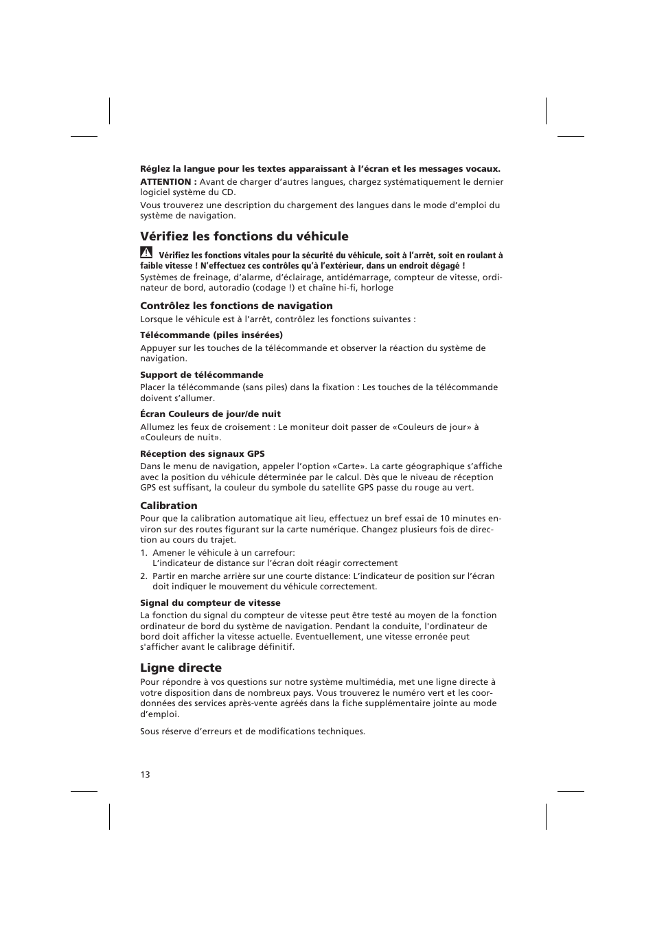 Vérifiez les fonctions du véhicule, Ligne directe | Audiovox NPD 5400 User Manual | Page 16 / 22