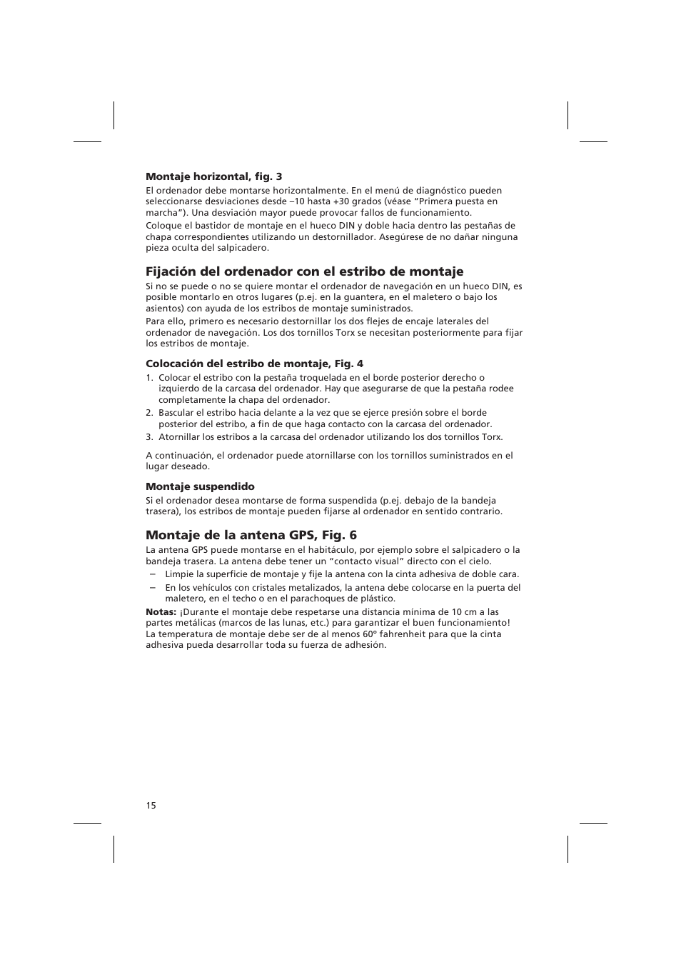 Fijación del ordenador con el estribo de montaje, Montaje de la antena gps, fig. 6 | Audiovox NPD 5400 User Manual | Page 18 / 22