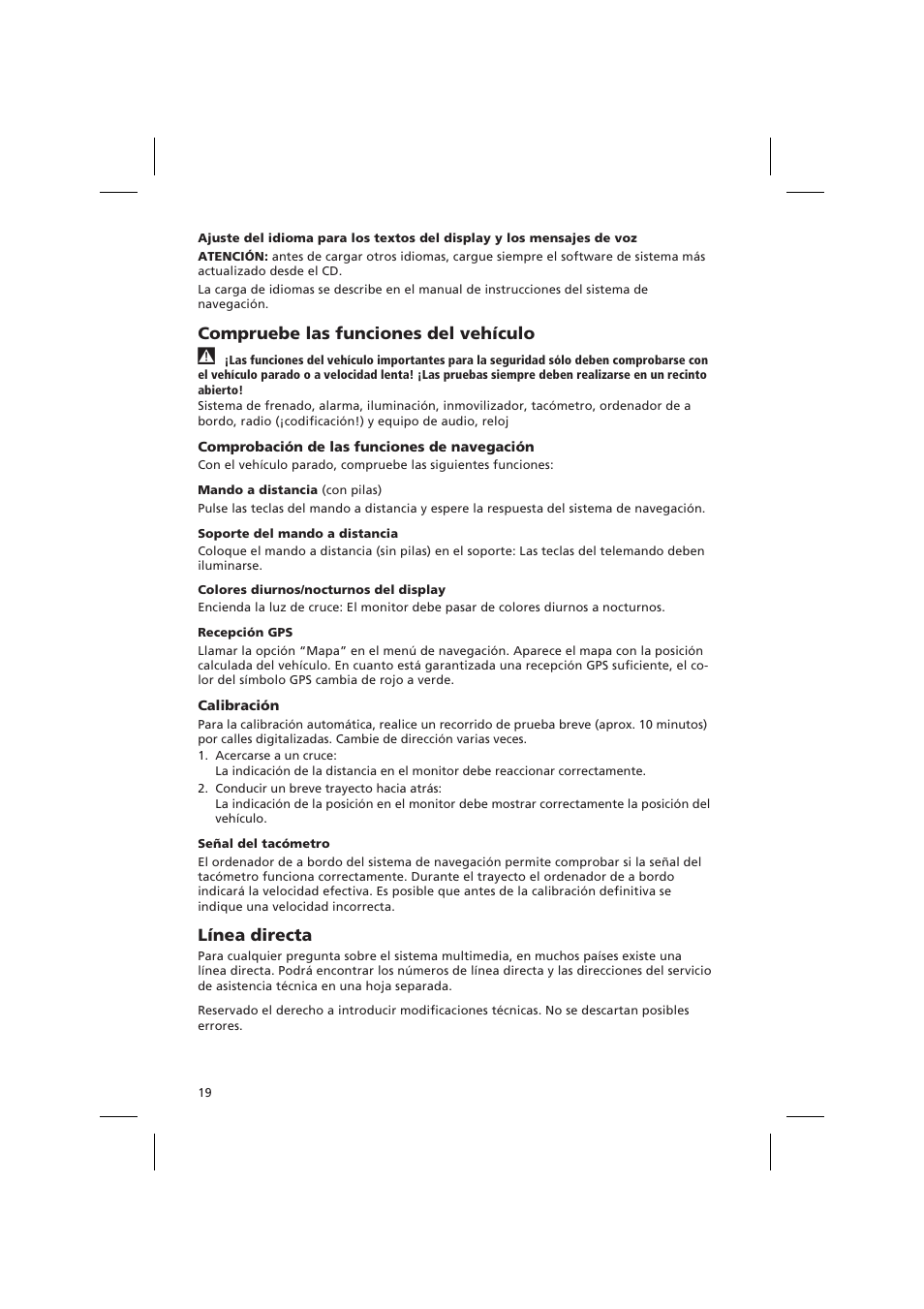 Compruebe las funciones del vehículo, Línea directa | Audiovox NPD 5400 User Manual | Page 22 / 22