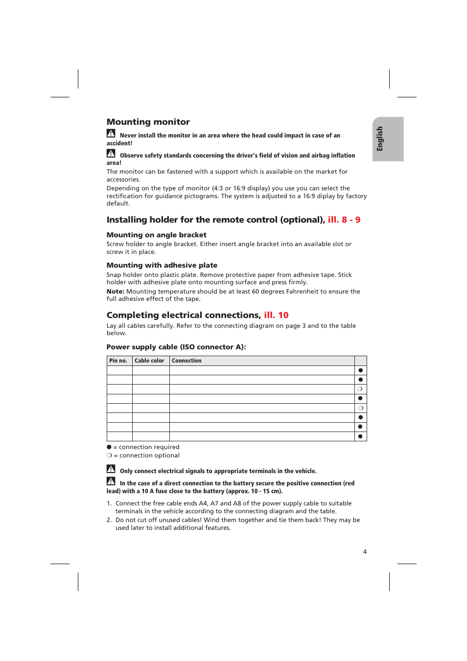 Mounting monitor, Completing electrical connections, ill. 10 | Audiovox NPD 5400 User Manual | Page 7 / 22