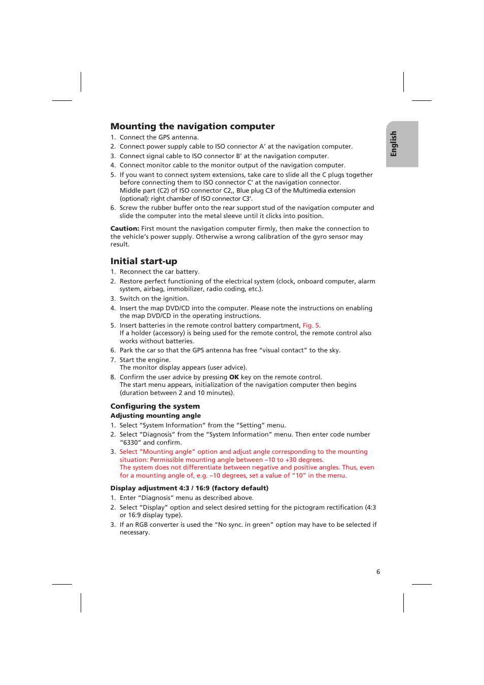 Mounting the navigation computer, Initial start-up, English | Audiovox NPD 5400 User Manual | Page 9 / 22