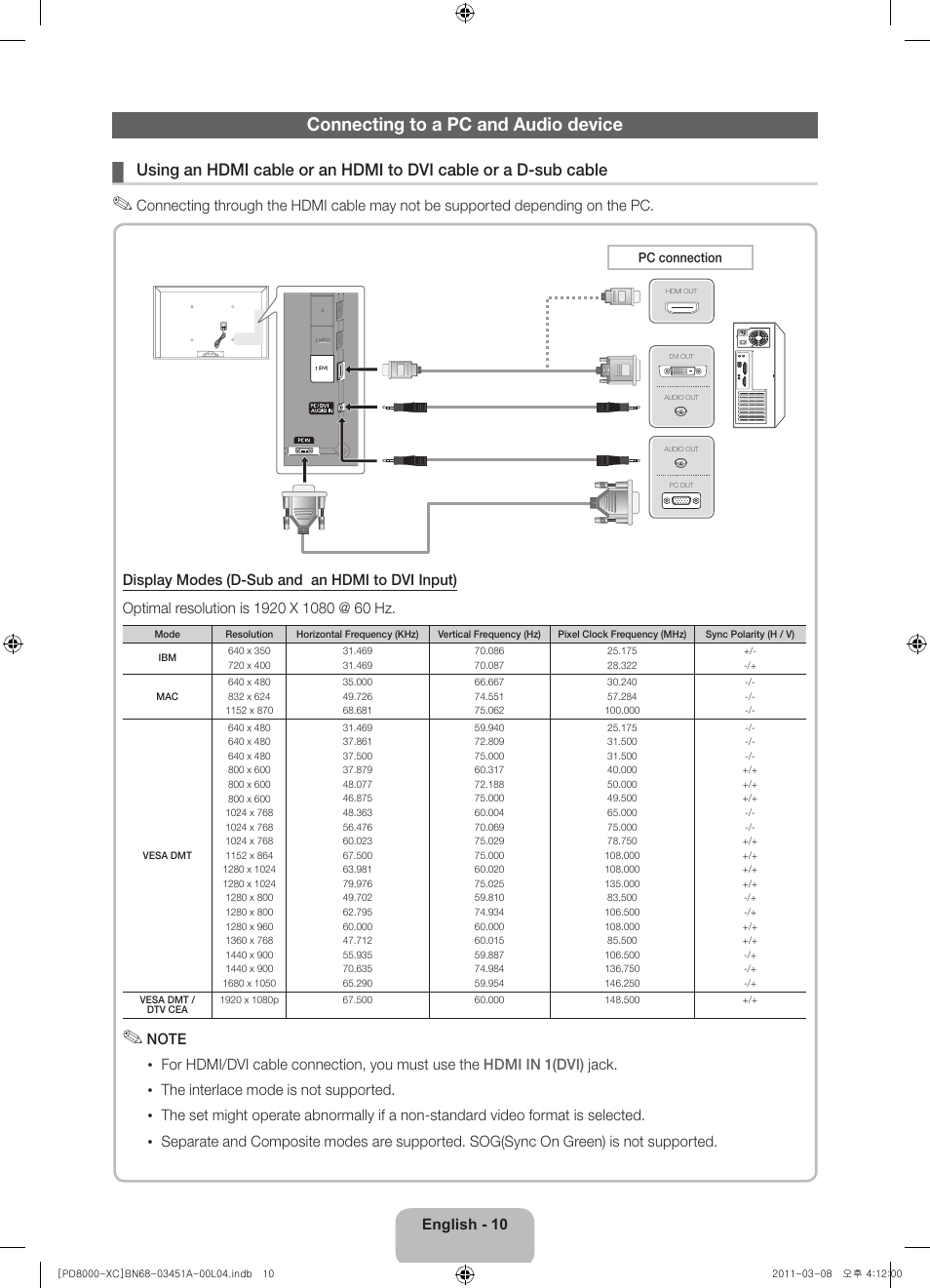Connecting to a pc and audio device | Samsung PS51D8000FS User Manual | Page 10 / 78