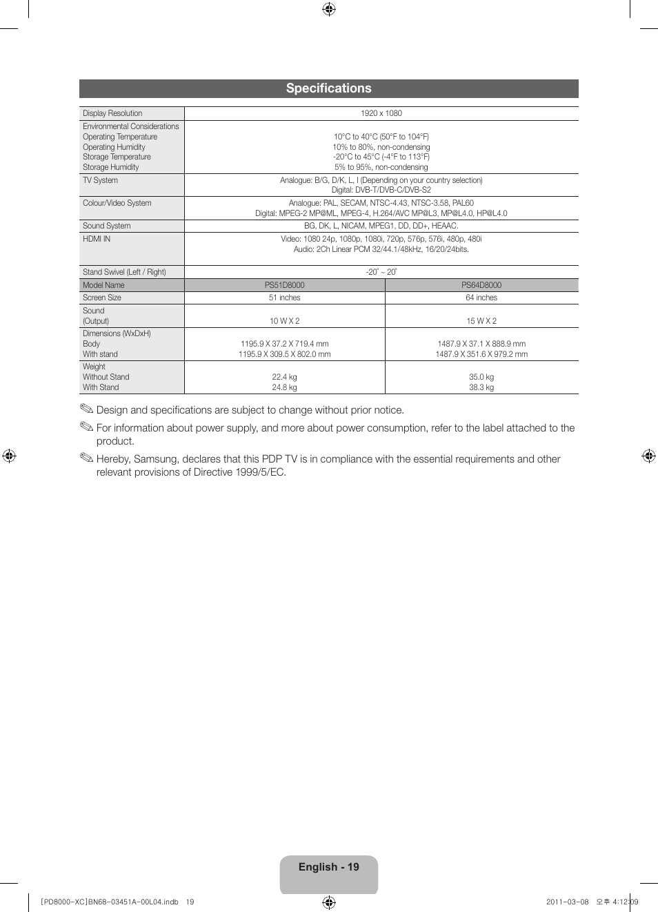 Specifications | Samsung PS51D8000FS User Manual | Page 19 / 78