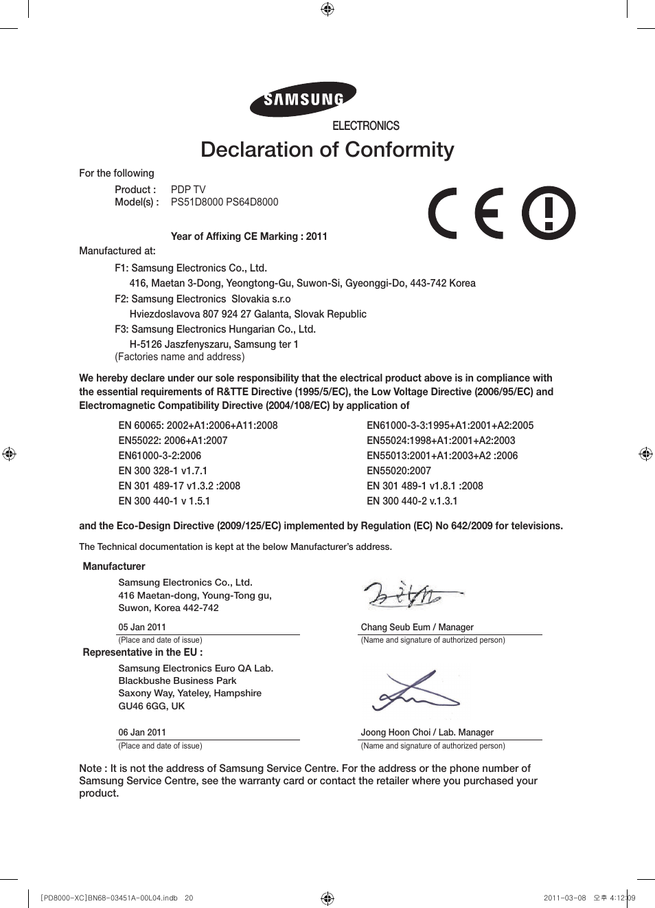 Declaration of conformity, Electronics | Samsung PS51D8000FS User Manual | Page 20 / 78