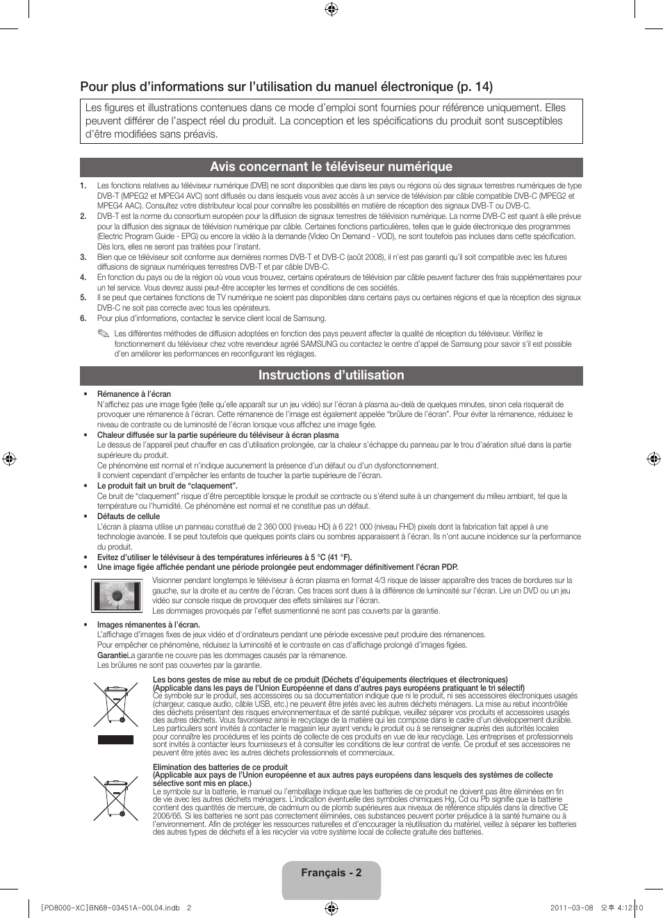 Avis concernant le téléviseur numérique, Instructions d’utilisation | Samsung PS51D8000FS User Manual | Page 22 / 78