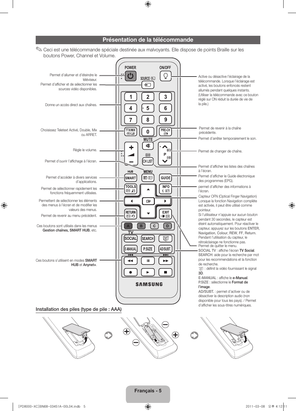 Présentation de la télécommande | Samsung PS51D8000FS User Manual | Page 25 / 78