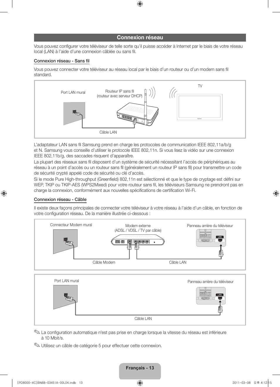 Connexion réseau | Samsung PS51D8000FS User Manual | Page 33 / 78