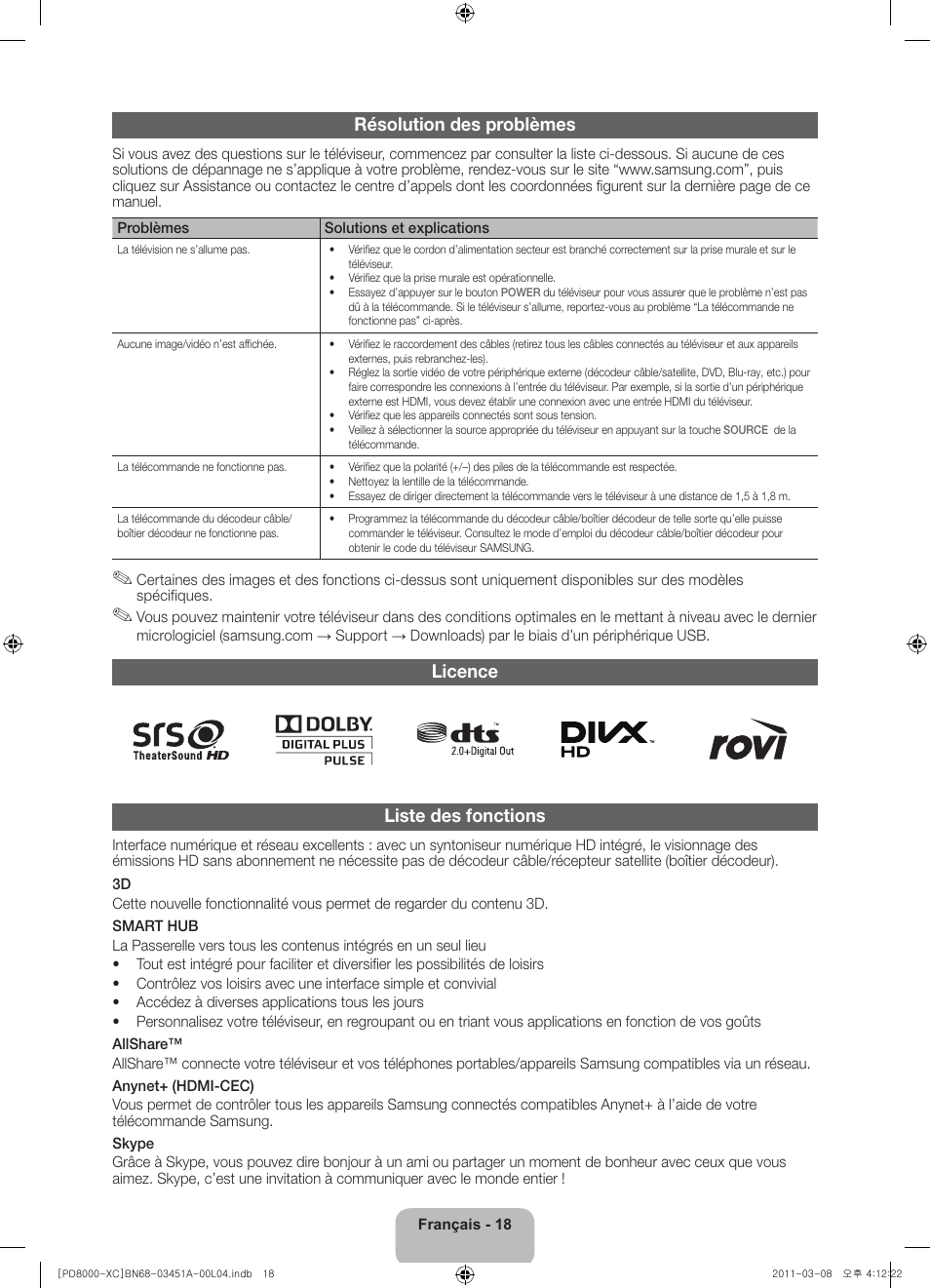 Résolution des problèmes, Licence liste des fonctions | Samsung PS51D8000FS User Manual | Page 38 / 78