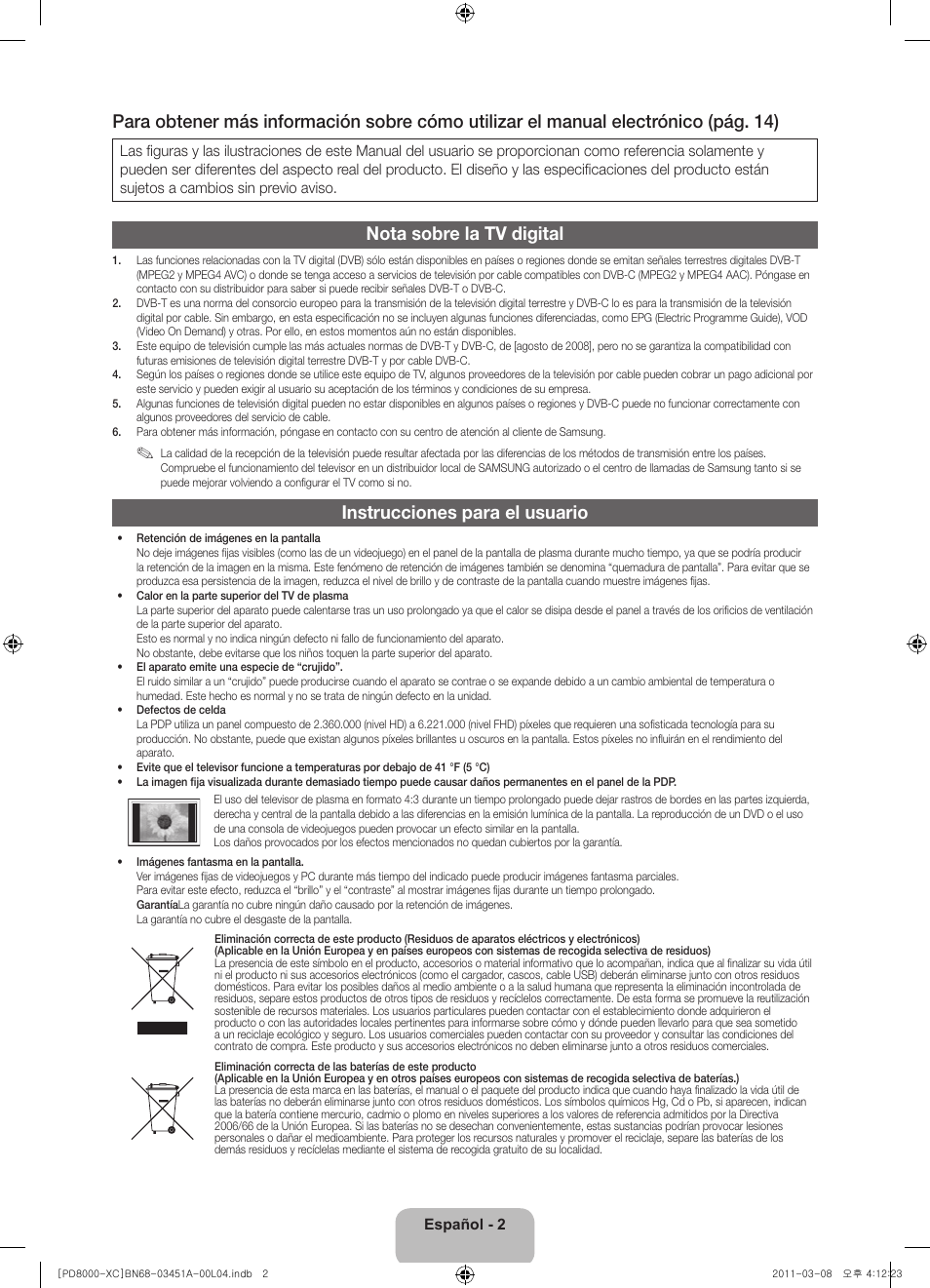 Nota sobre la tv digital, Instrucciones para el usuario | Samsung PS51D8000FS User Manual | Page 42 / 78