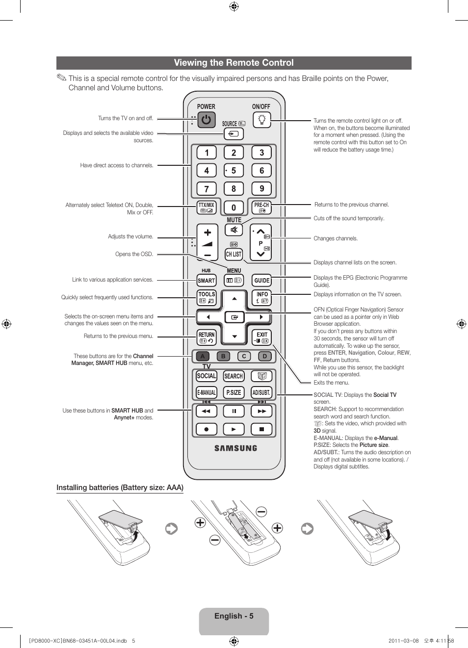 Viewing the remote control | Samsung PS51D8000FS User Manual | Page 5 / 78