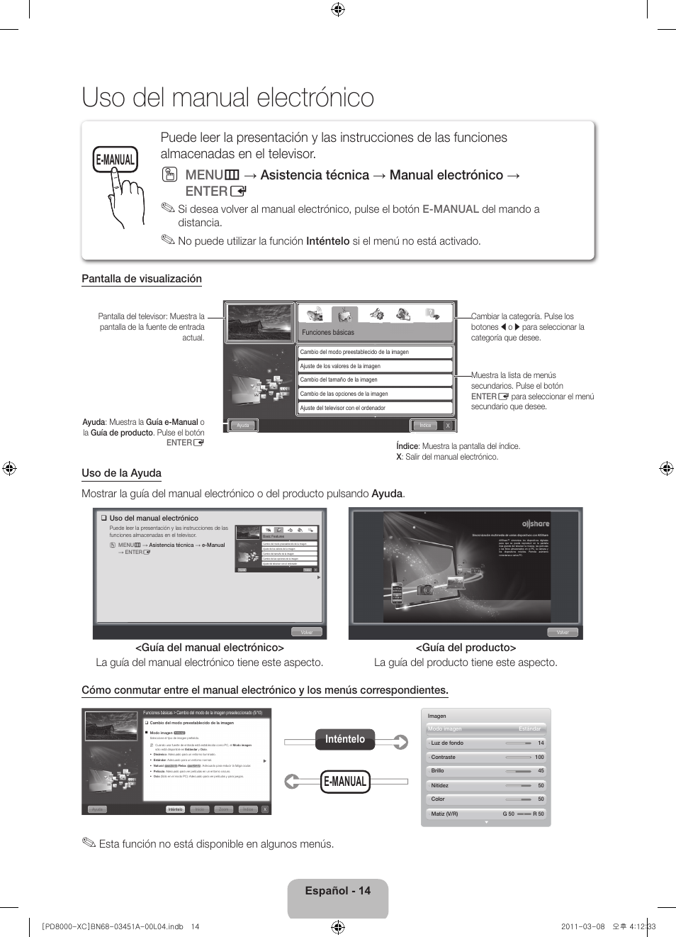 Uso del manual electrónico, E-manual, Español - 14 | Esta función no está disponible en algunos menús, Inténtelo | Samsung PS51D8000FS User Manual | Page 54 / 78
