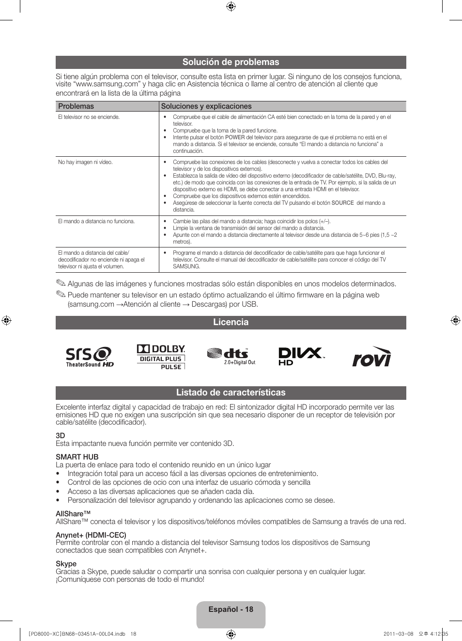 Solución de problemas, Licencia listado de características | Samsung PS51D8000FS User Manual | Page 58 / 78