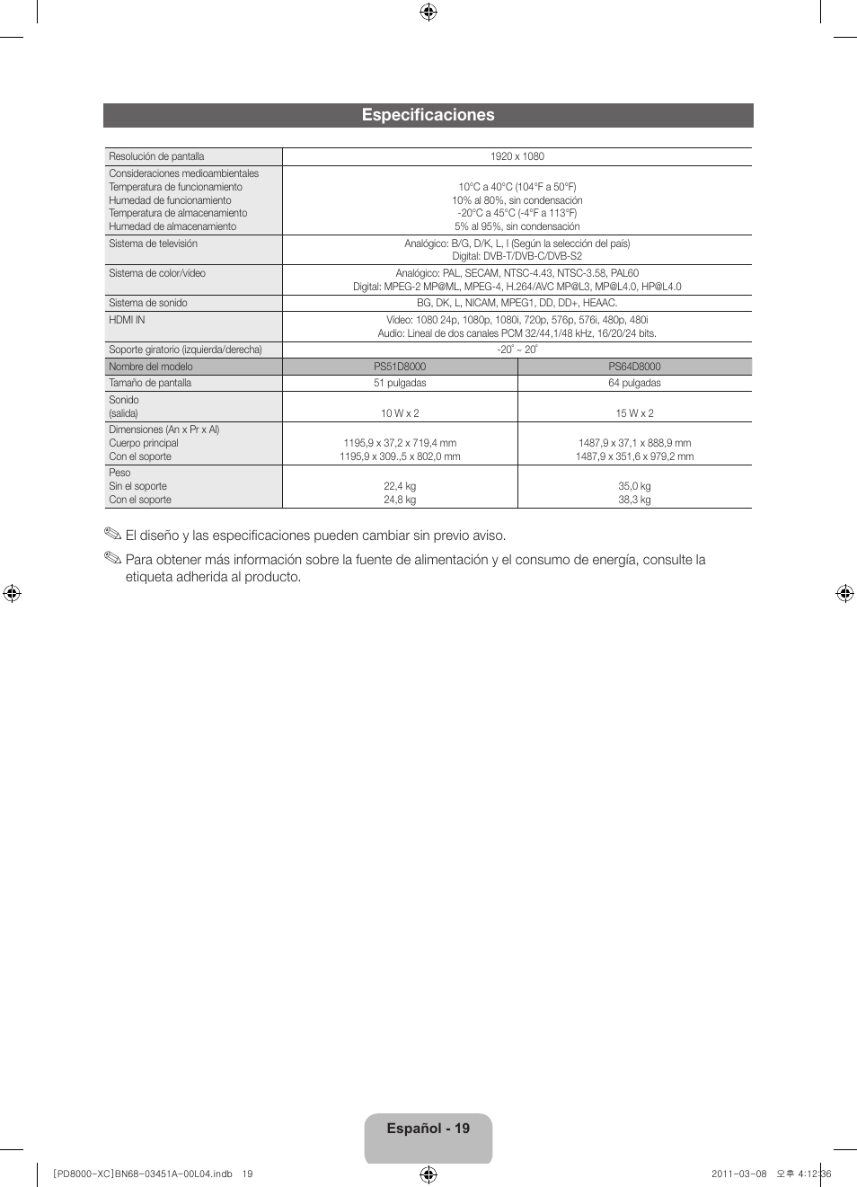 Especificaciones | Samsung PS51D8000FS User Manual | Page 59 / 78