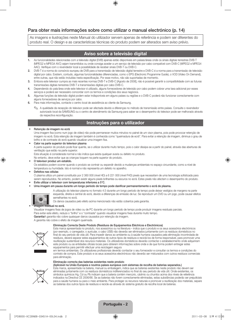 Aviso sobre a televisão digital, Instruções para o utilizador | Samsung PS51D8000FS User Manual | Page 60 / 78
