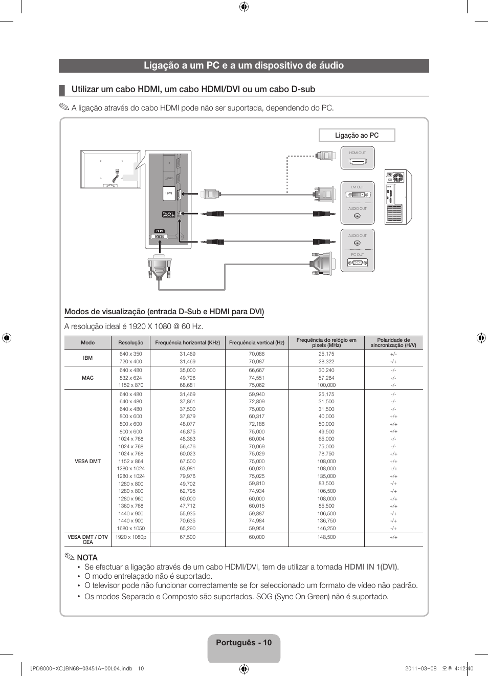 Ligação a um pc e a um dispositivo de áudio | Samsung PS51D8000FS User Manual | Page 68 / 78