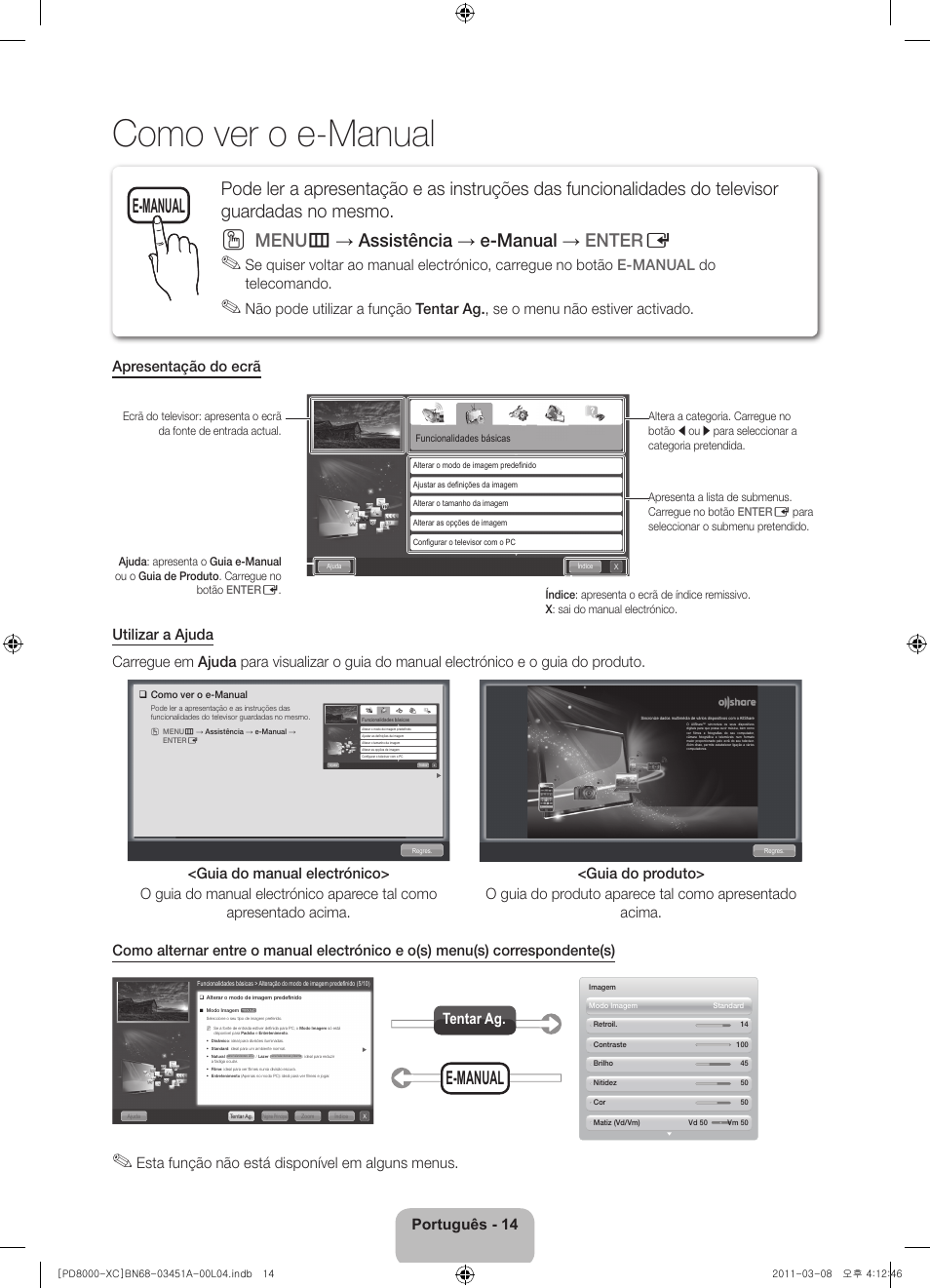 Como ver o e-manual, Menu m → assistência → e-manual → enter e, E-manual | Português - 14, Esta função não está disponível em alguns menus, Tentar ag | Samsung PS51D8000FS User Manual | Page 72 / 78