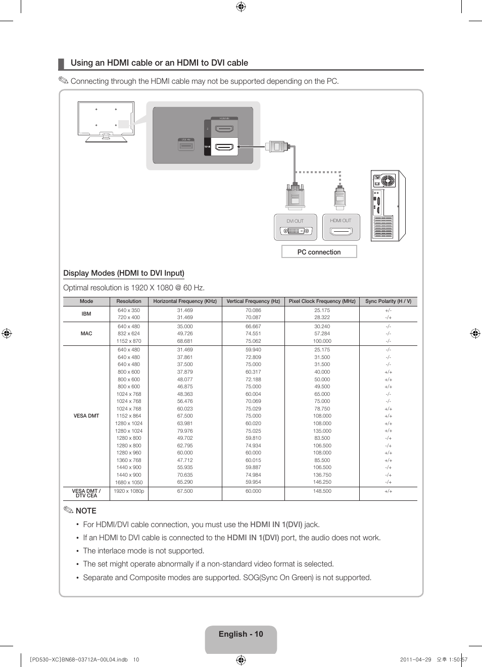 Using an hdmi cable or an hdmi to dvi cable | Samsung PS59D530A5W User Manual | Page 10 / 66