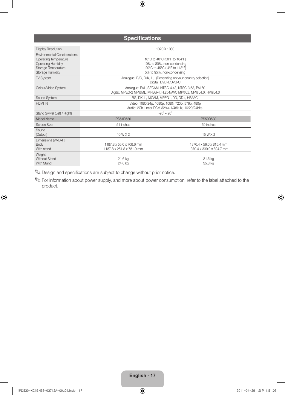 Specifications | Samsung PS59D530A5W User Manual | Page 17 / 66