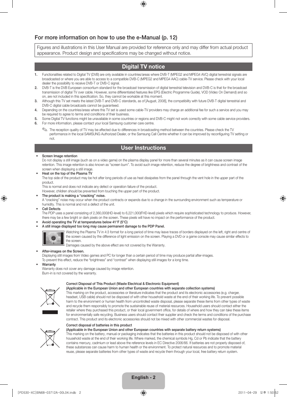 Digital tv notice, User instructions | Samsung PS59D530A5W User Manual | Page 2 / 66
