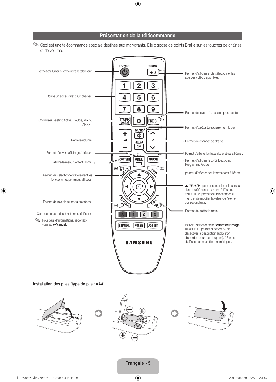 Présentation de la télécommande | Samsung PS59D530A5W User Manual | Page 21 / 66