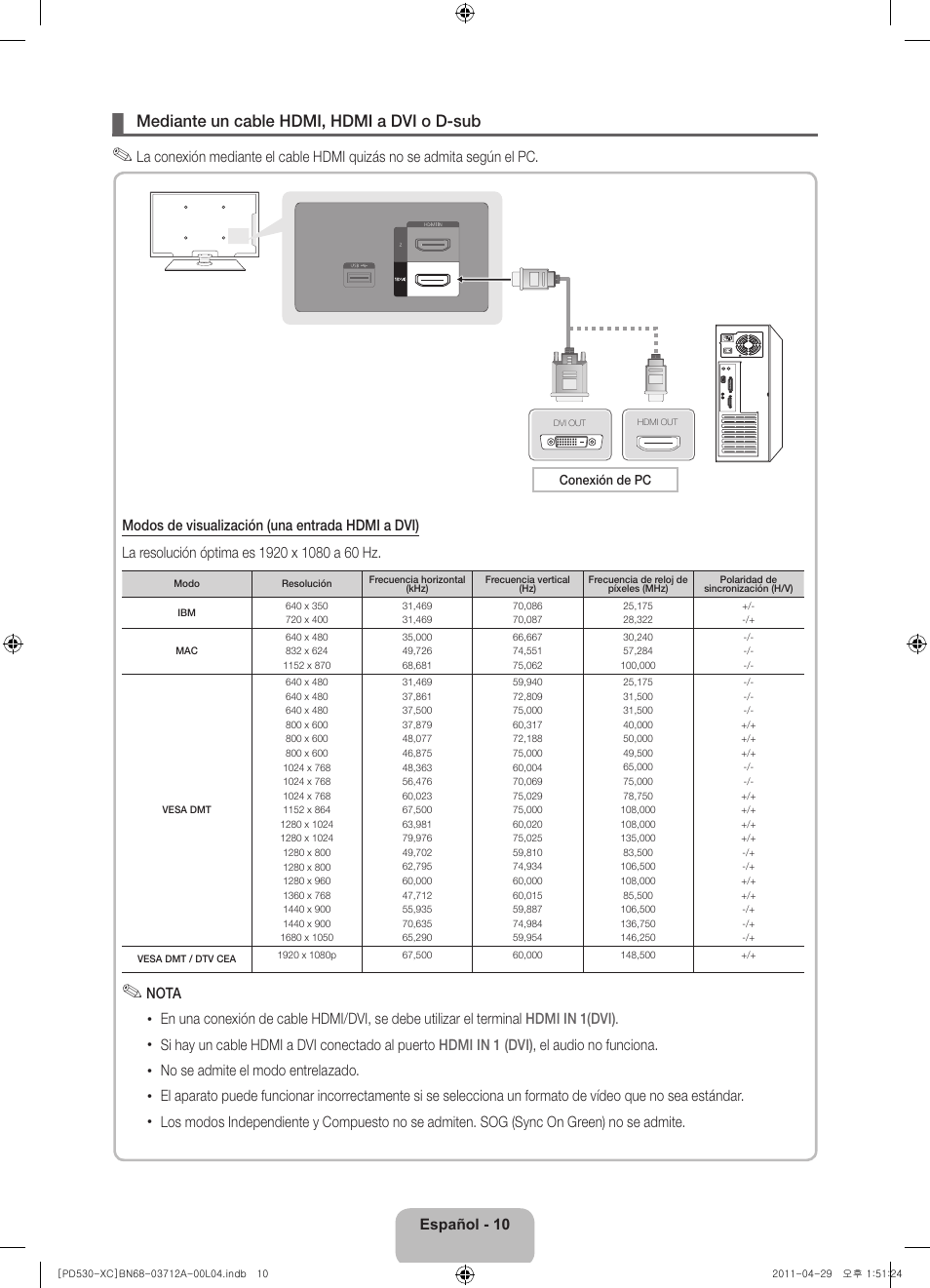 Mediante un cable hdmi, hdmi a dvi o d-sub | Samsung PS59D530A5W User Manual | Page 42 / 66