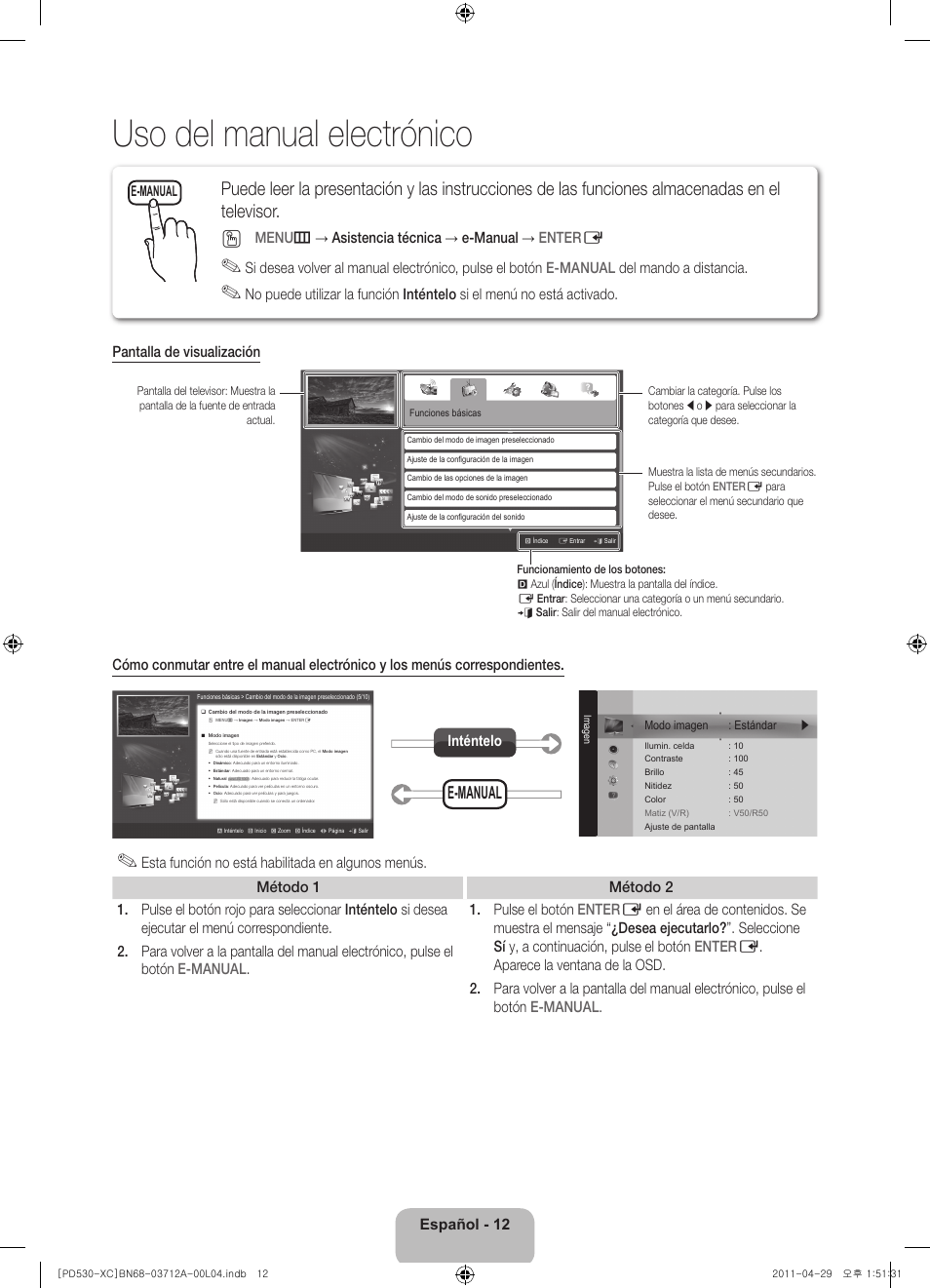 Uso del manual electrónico, Español - 12, Menu m → asistencia técnica → e-manual → enter e | Inténtelo, E-manual | Samsung PS59D530A5W User Manual | Page 44 / 66