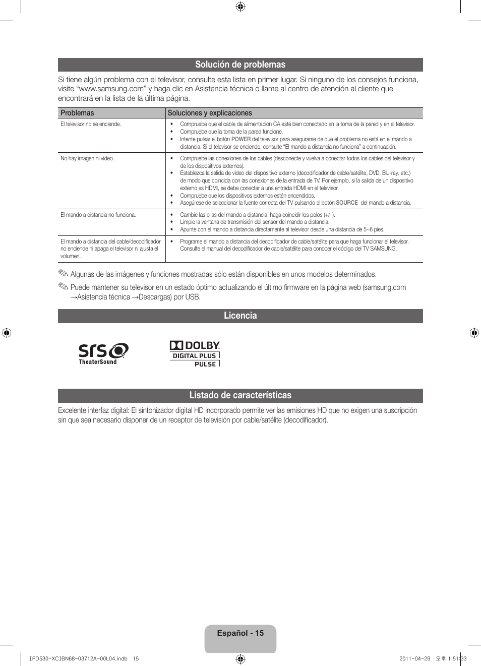 Solución de problemas, Licencia listado de características | Samsung PS59D530A5W User Manual | Page 47 / 66