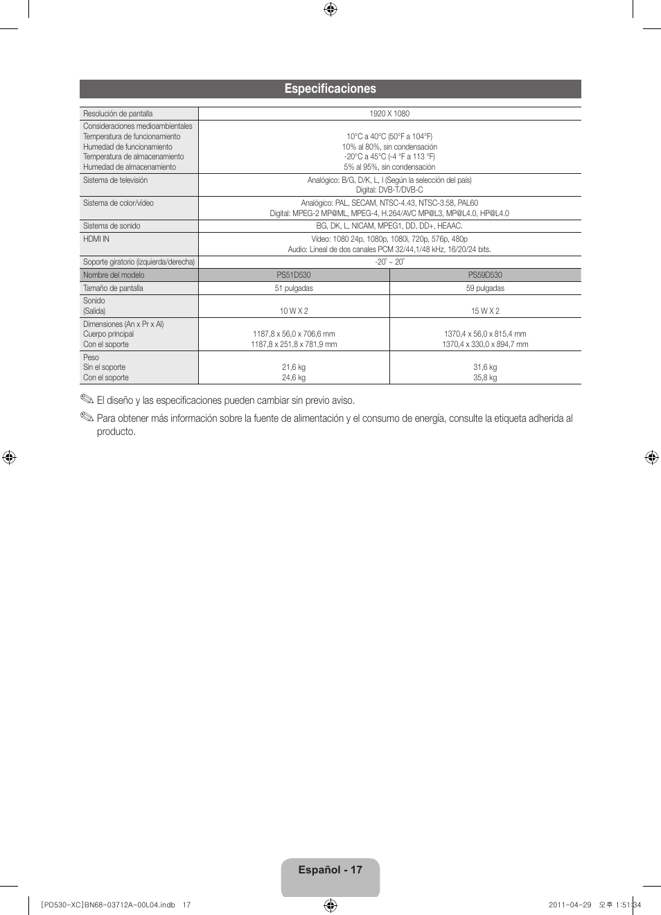 Especificaciones | Samsung PS59D530A5W User Manual | Page 49 / 66