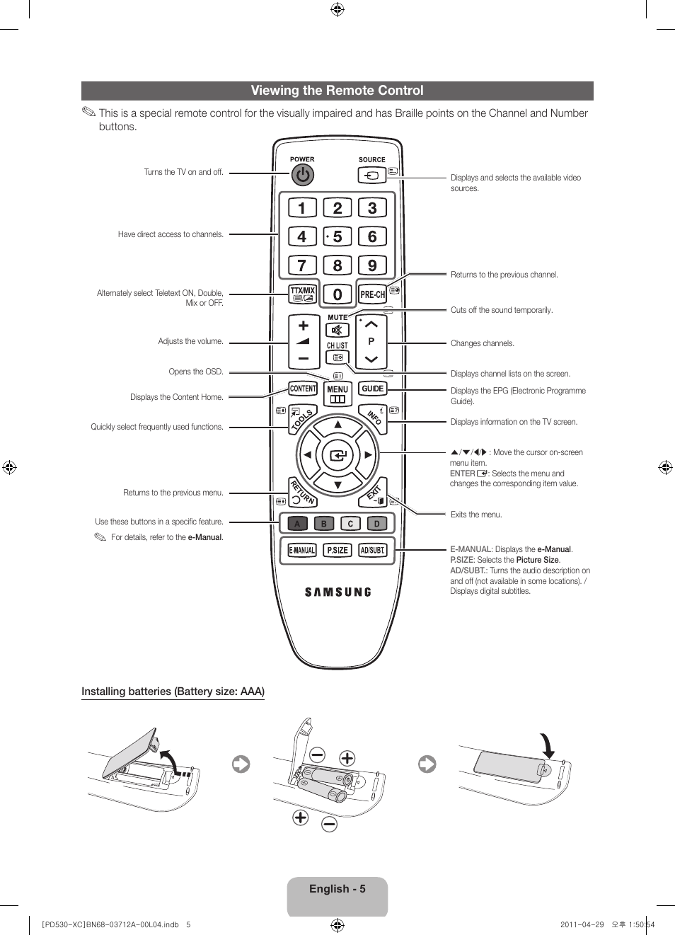 Viewing the remote control | Samsung PS59D530A5W User Manual | Page 5 / 66
