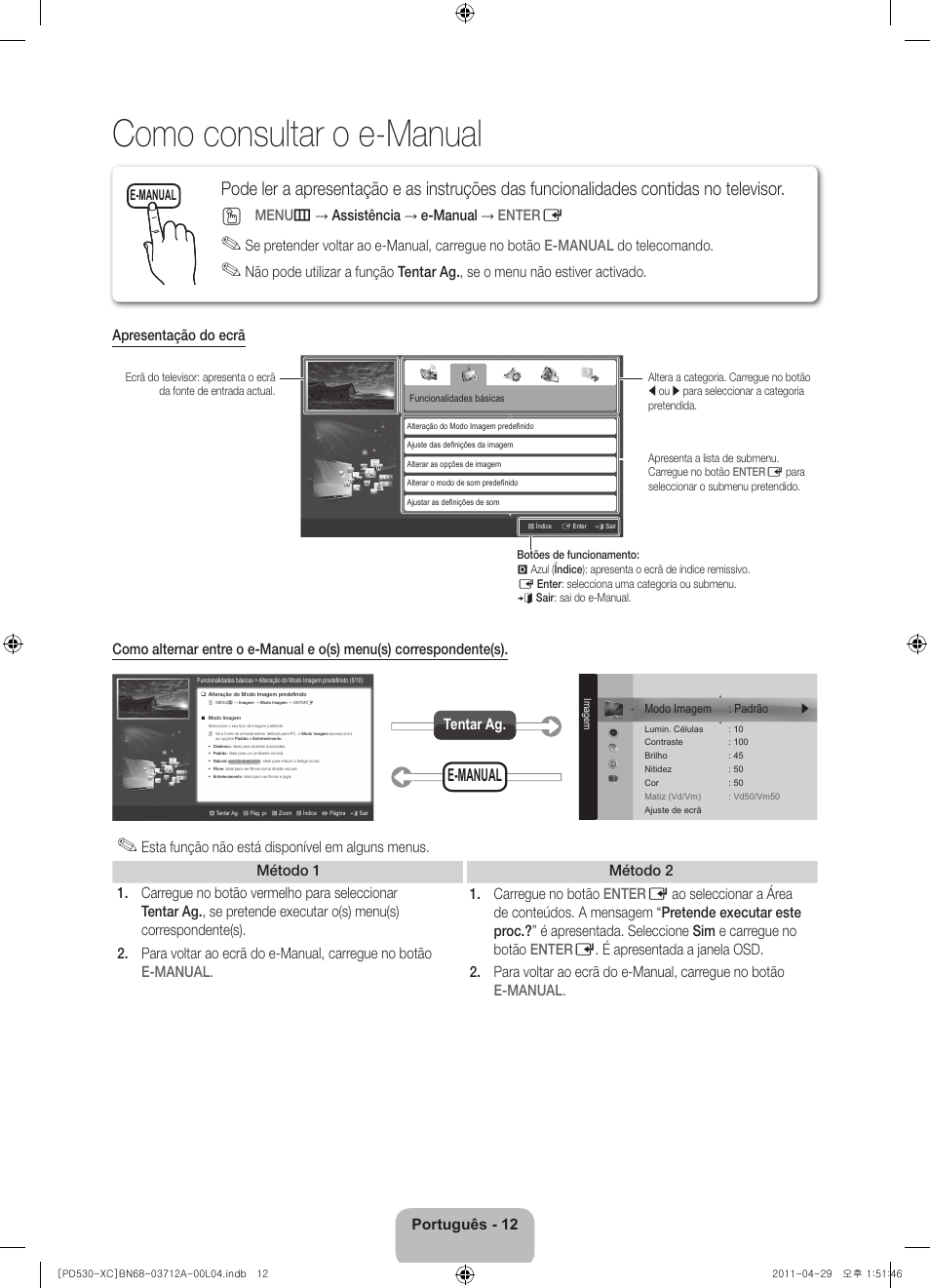 Como consultar o e-manual, Português - 12, Menu m → assistência → e-manual → enter e | Tentar ag, E-manual | Samsung PS59D530A5W User Manual | Page 60 / 66