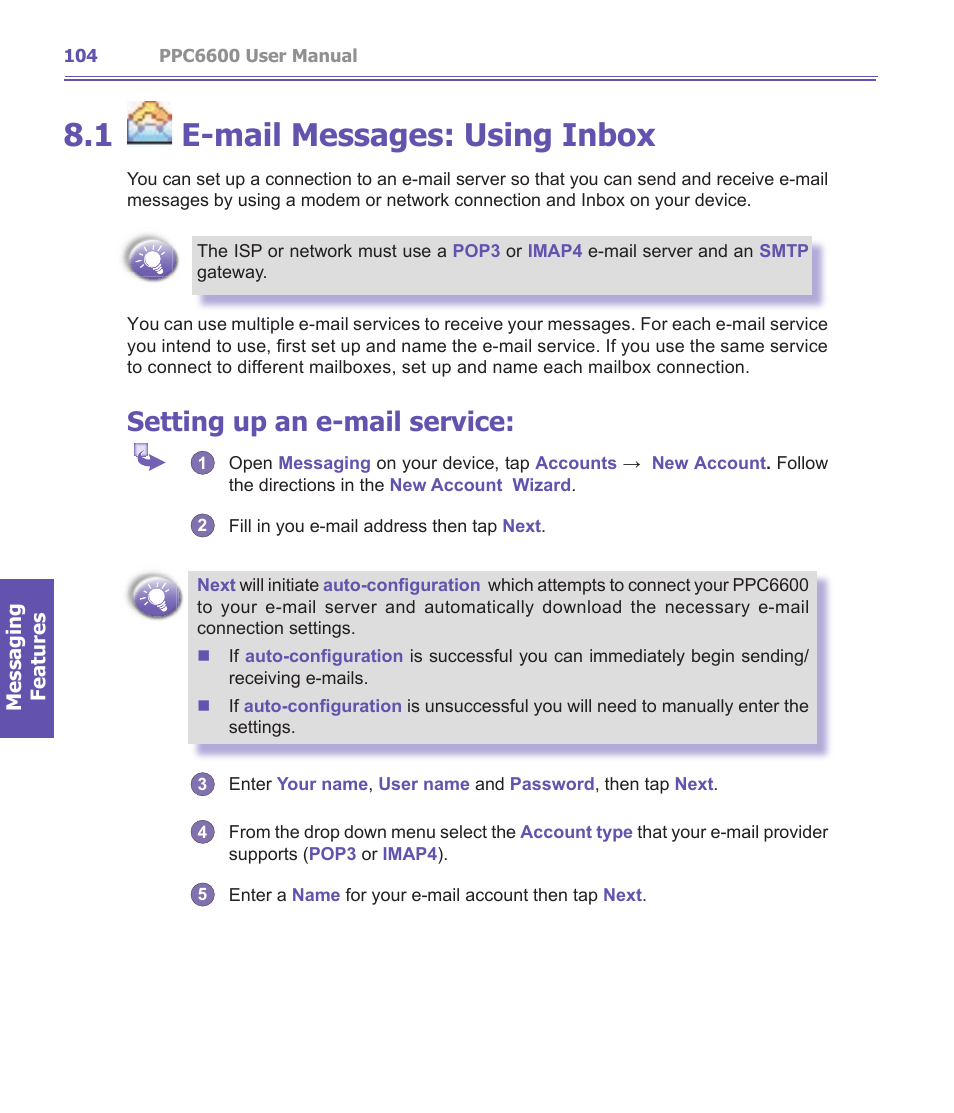 1 e-mail messages: using inbox, Setting up an e-mail service | Audiovox PPC-6600 User Manual | Page 105 / 167