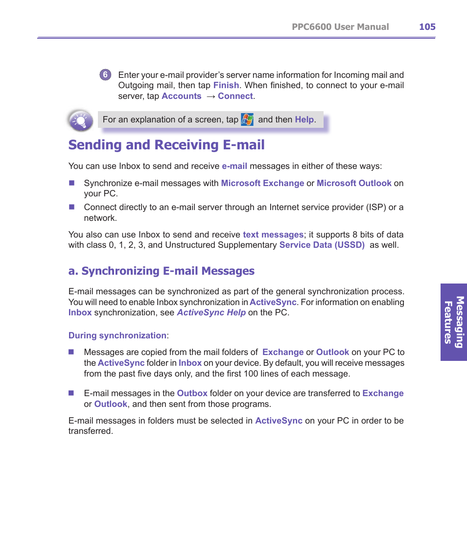 Sending and receiving e-mail, A. synchronizing e-mail messages | Audiovox PPC-6600 User Manual | Page 106 / 167