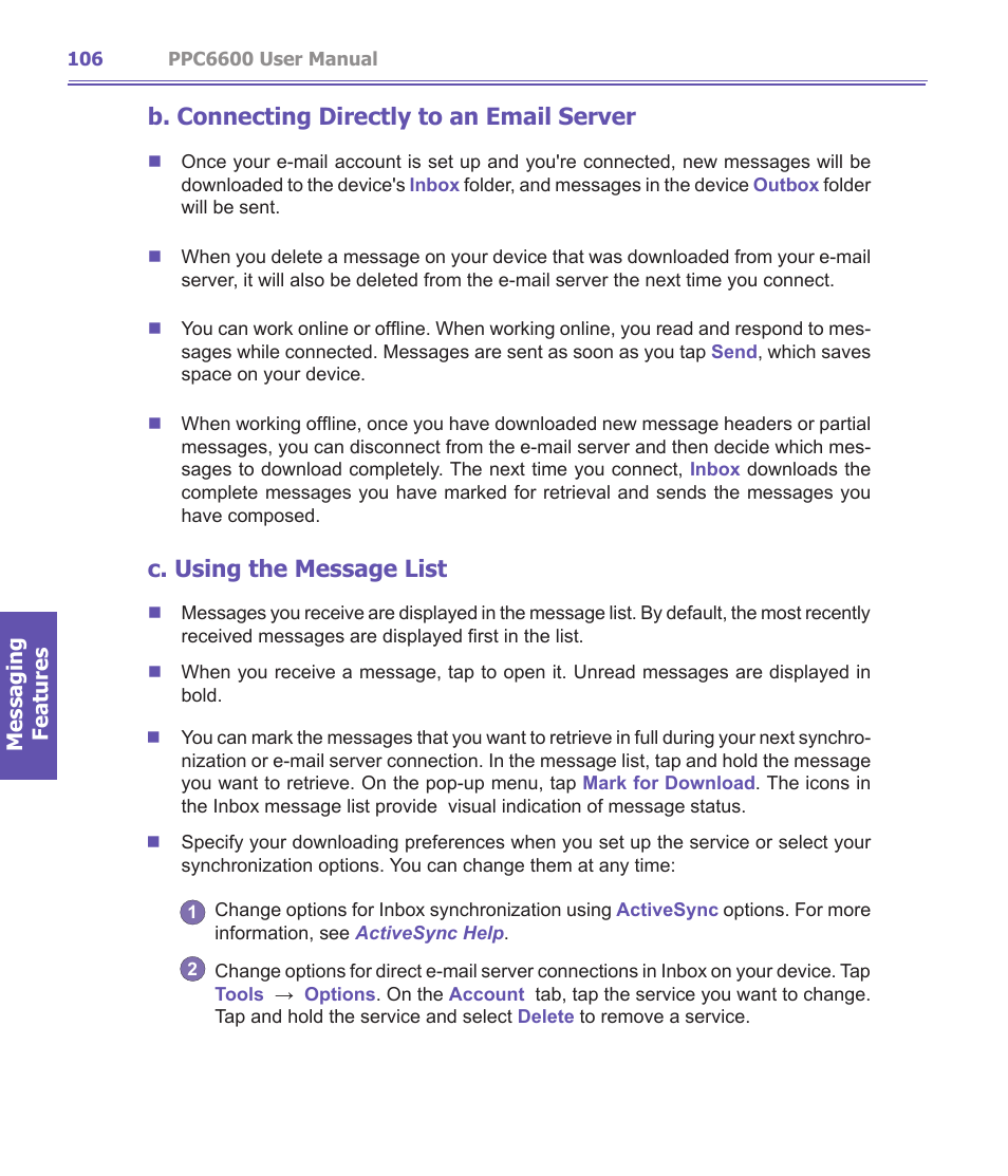 B. connecting directly to an email server, C. using the message list | Audiovox PPC-6600 User Manual | Page 107 / 167