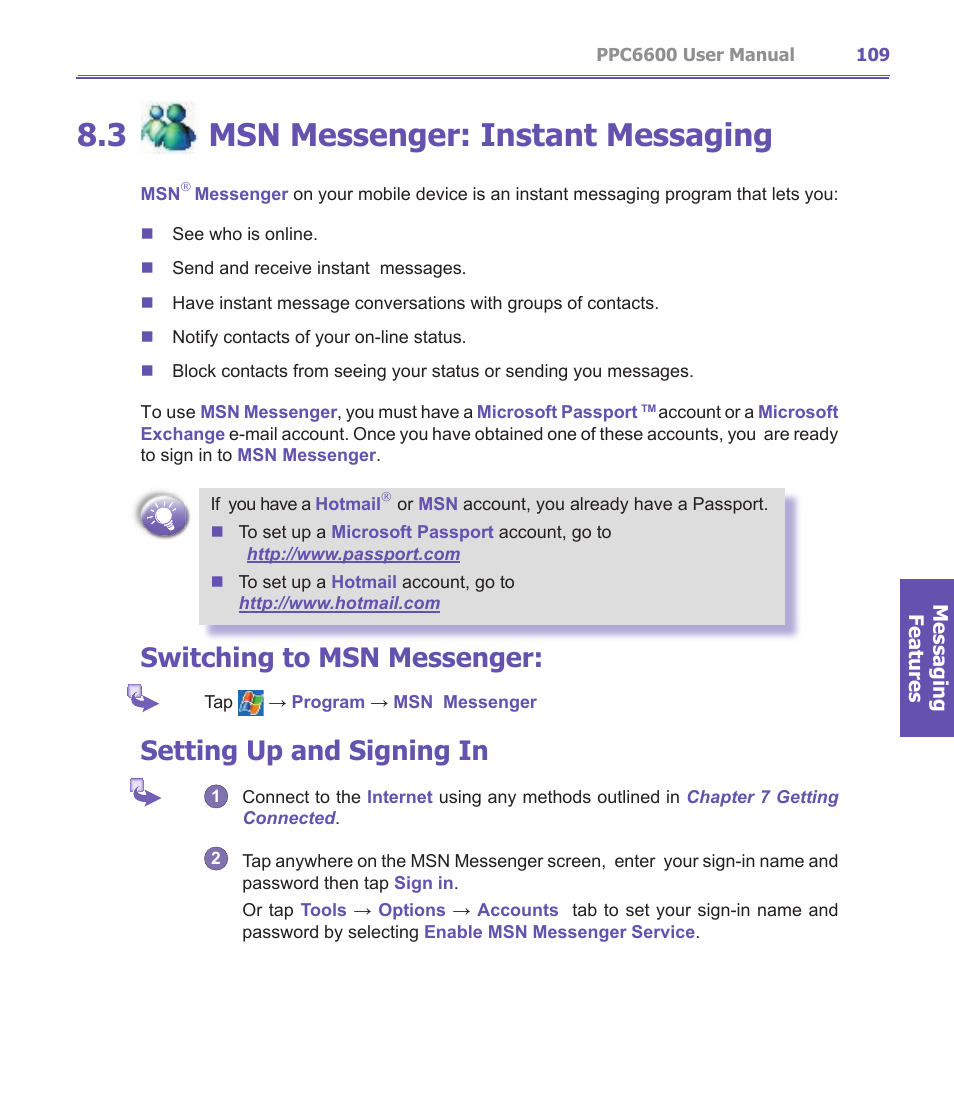 3 msn messenger: instant messaging, Switching to msn messenger, Setting up and signing in | Audiovox PPC-6600 User Manual | Page 110 / 167