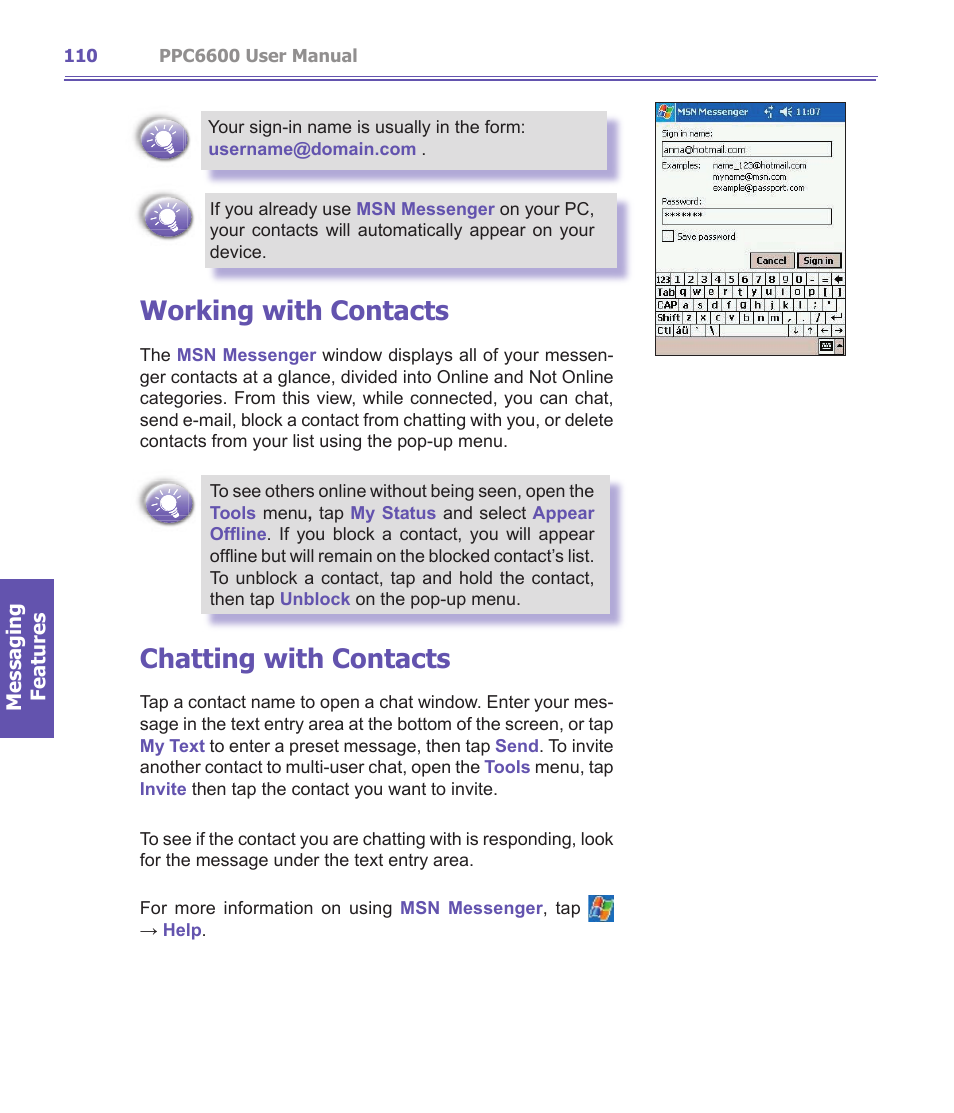 Working with contacts, Chatting with contacts | Audiovox PPC-6600 User Manual | Page 111 / 167