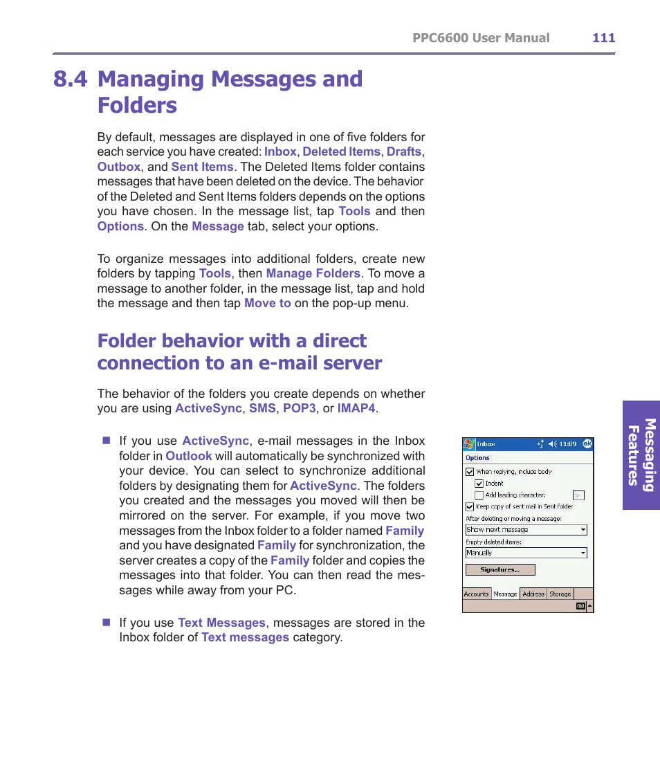4 managing messages and folders | Audiovox PPC-6600 User Manual | Page 112 / 167