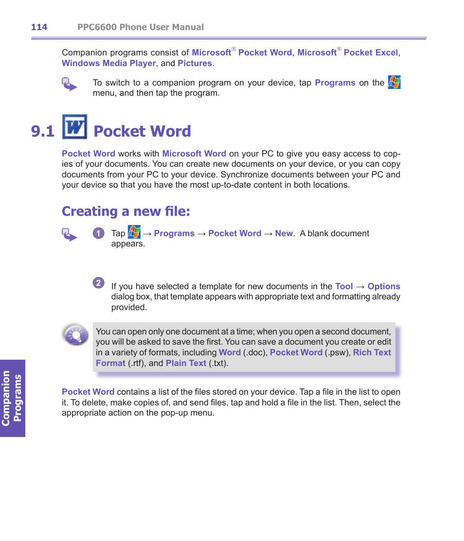 1 pocket word, Creating a new file | Audiovox PPC-6600 User Manual | Page 115 / 167