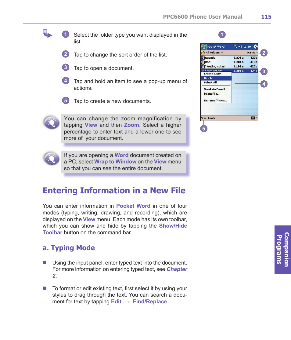 Entering information in a new file, A. typing mode | Audiovox PPC-6600 User Manual | Page 116 / 167
