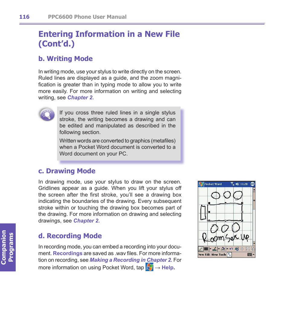 Entering information in a new file (cont’d.), B. writing mode, C. drawing mode | D. recording mode | Audiovox PPC-6600 User Manual | Page 117 / 167