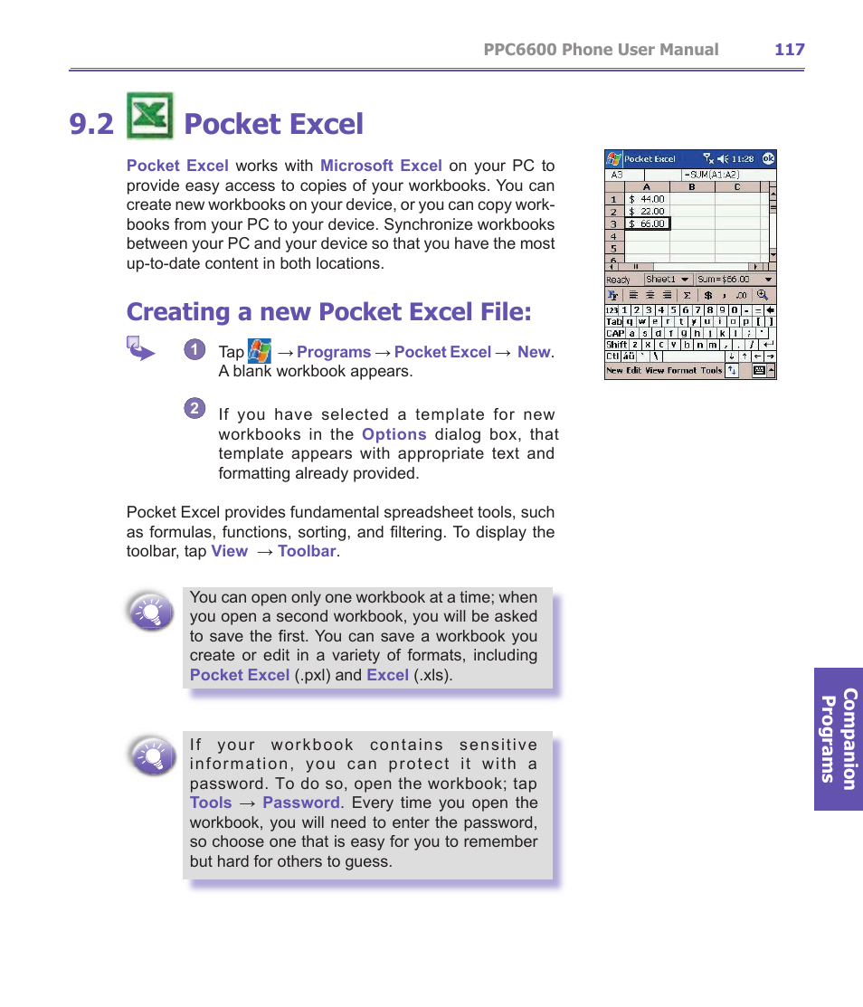 2 pocket excel, Creating a new pocket excel file | Audiovox PPC-6600 User Manual | Page 118 / 167