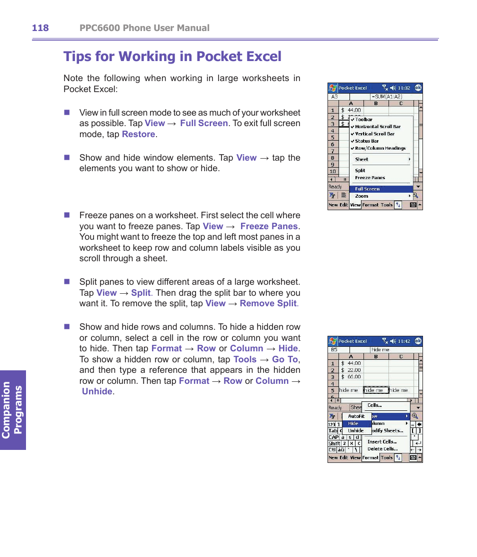 Tips for working in pocket excel | Audiovox PPC-6600 User Manual | Page 119 / 167