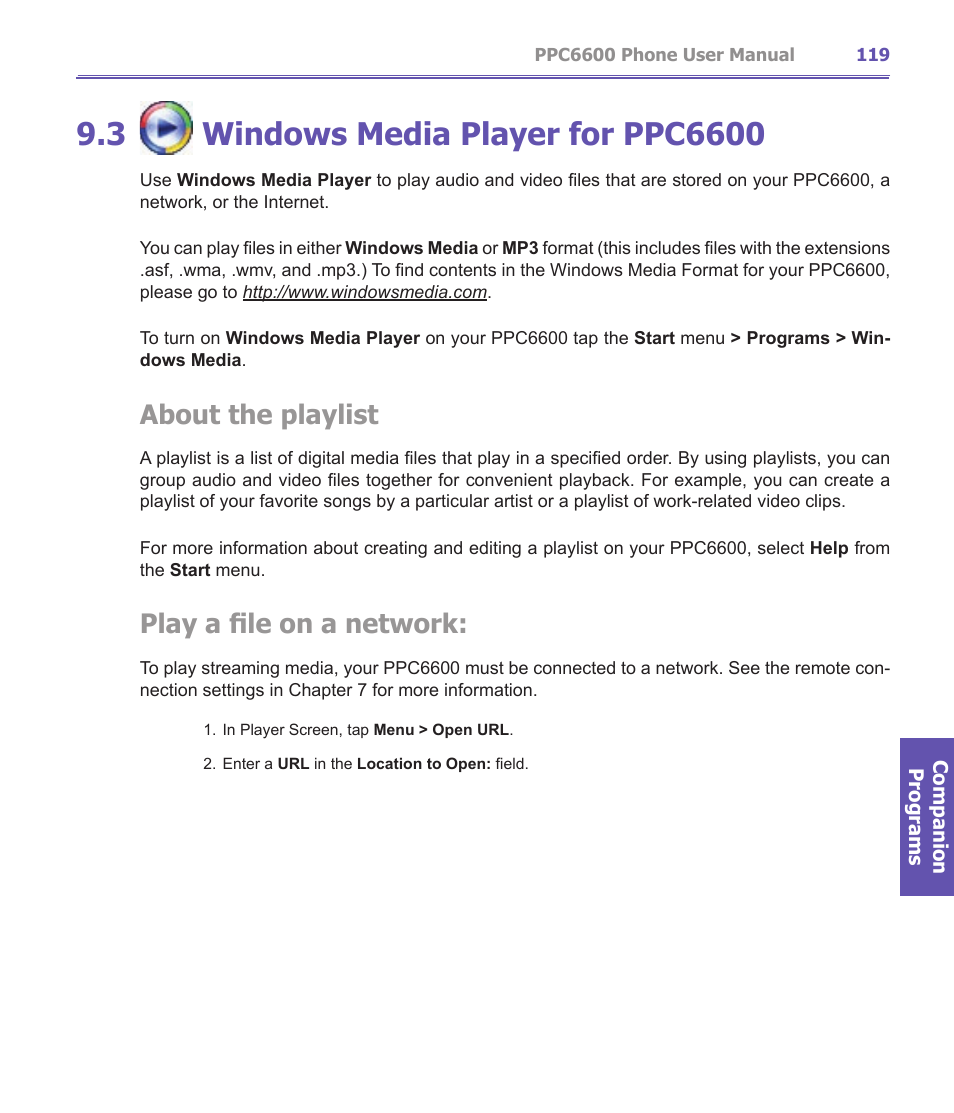 About the playlist, Play a file on a network | Audiovox PPC-6600 User Manual | Page 120 / 167