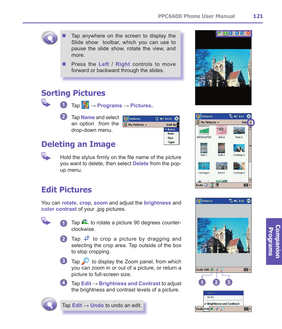 Sorting pictures, Deleting an image, Edit pictures | Audiovox PPC-6600 User Manual | Page 122 / 167