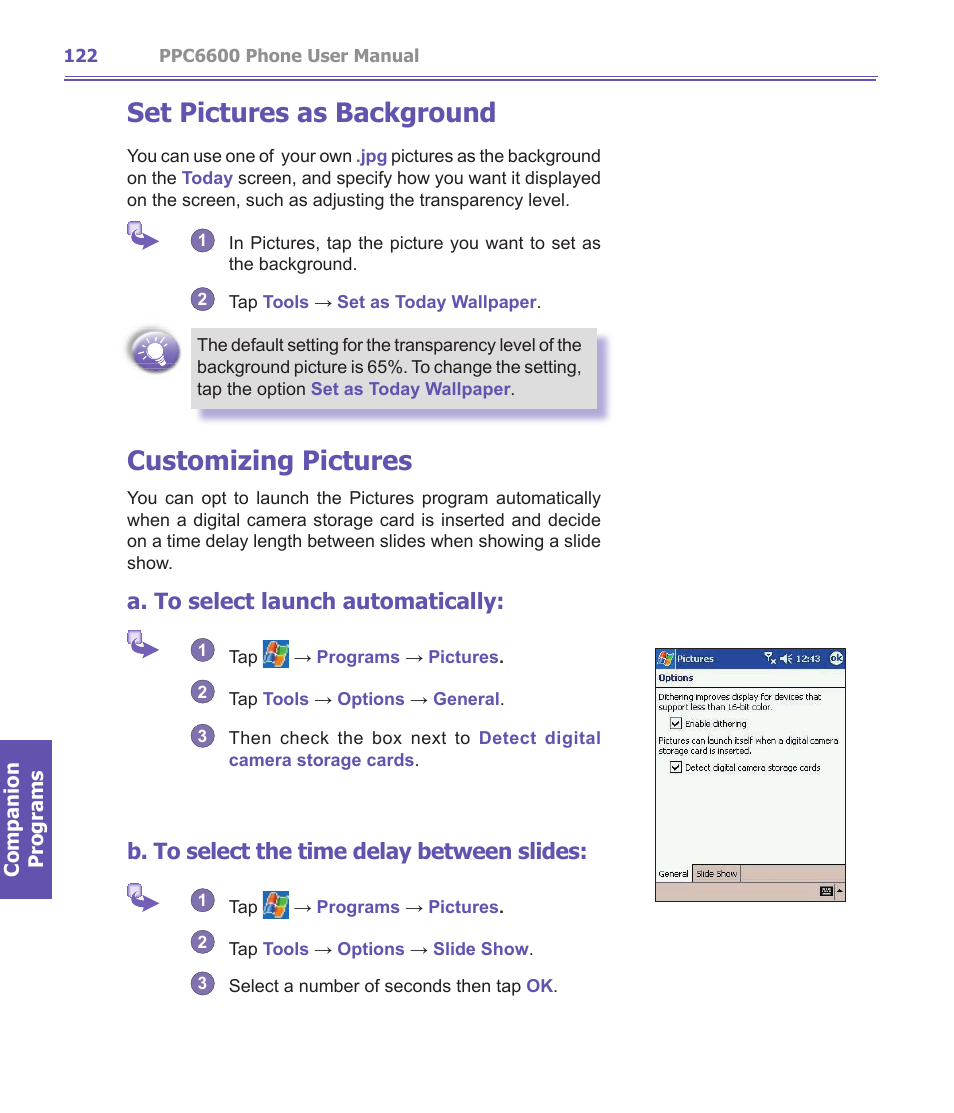 Set pictures as background, Customizing pictures, A. to select launch automatically | B. to select the time delay between slides | Audiovox PPC-6600 User Manual | Page 123 / 167